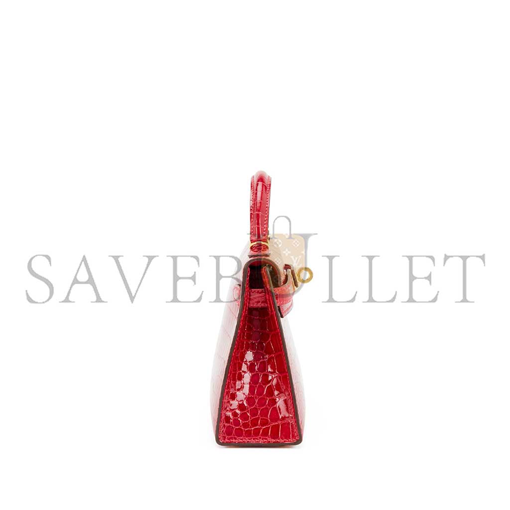 H**mes master mini kelly ii shiny crocodile leather ferrari red gold buckle (19*12*5.5cm)